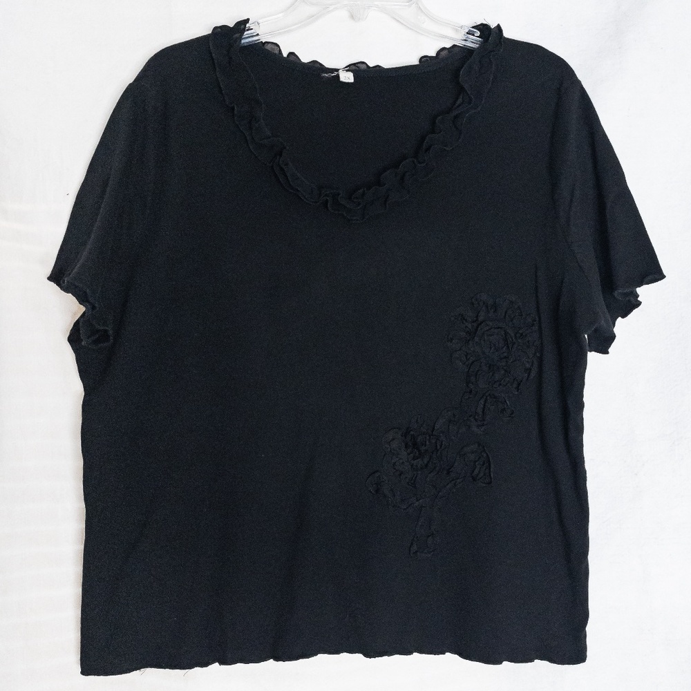 Black V- Neck Ruffle Trim Short Sleeve Knit Top